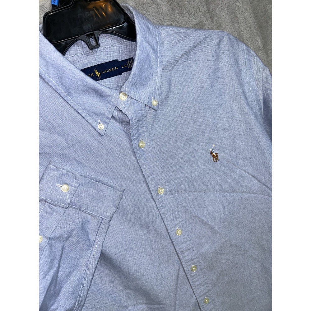 Polo Ralph Lauren Oxford Button Down Shirt Large Slim Blue Check Flesh Pony Logo